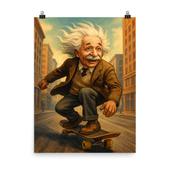 Albert Einstein with his hair flying riding a skateboard down a city street poster on a plain backdrop in size 8"x10".