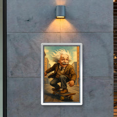 Albert Einstein with his hair flying riding a skateboard down a city street poster 2