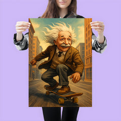 Albert Einstein with his hair flying riding a skateboard down a city street poster 3