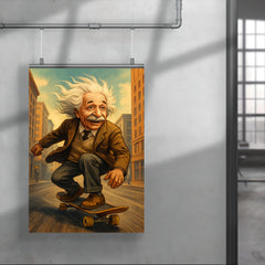 Albert Einstein with his hair flying riding a skateboard down a city street poster 4