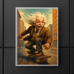 Albert Einstein with his hair flying riding a skateboard down a city street poster 5