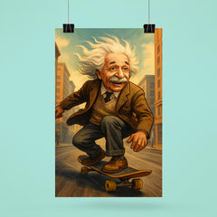 Albert Einstein with his hair flying riding a skateboard down a city street poster 6