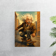 Albert Einstein with his hair flying riding a skateboard down a city street poster 7