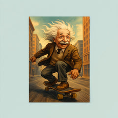 Albert Einstein with his hair flying riding a skateboard down a city street poster 8