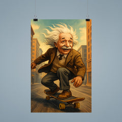 Albert Einstein with his hair flying riding a skateboard down a city street poster 9