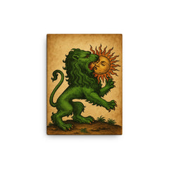 Alchemical green lion devouring the sun canvas print on a plain backdrop in size 12"x16".