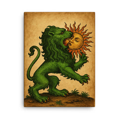 Alchemical green lion devouring the sun canvas print on a plain backdrop in size 18"x24".