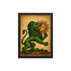 Alchemical green lion devouring the sun framed print on a plain backdrop in size 12"x16".