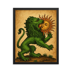 Alchemical green lion devouring the sun framed print on a plain backdrop in size 16"x20".