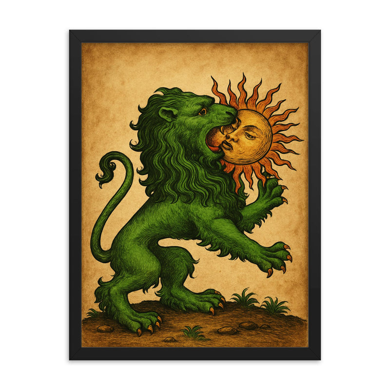 Alchemical green lion devouring the sun framed print on a plain backdrop in size 18