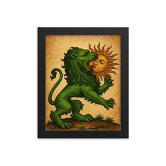 Alchemical green lion devouring the sun framed print on a plain backdrop in size 8"x10".