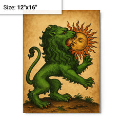Alchemical green lion devouring the sun metal print on a plain backdrop in size 12"x16".