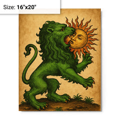 Alchemical green lion devouring the sun metal print on a plain backdrop in size 16"x20".