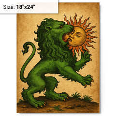 Alchemical green lion devouring the sun metal print on a plain backdrop in size 18"x24".
