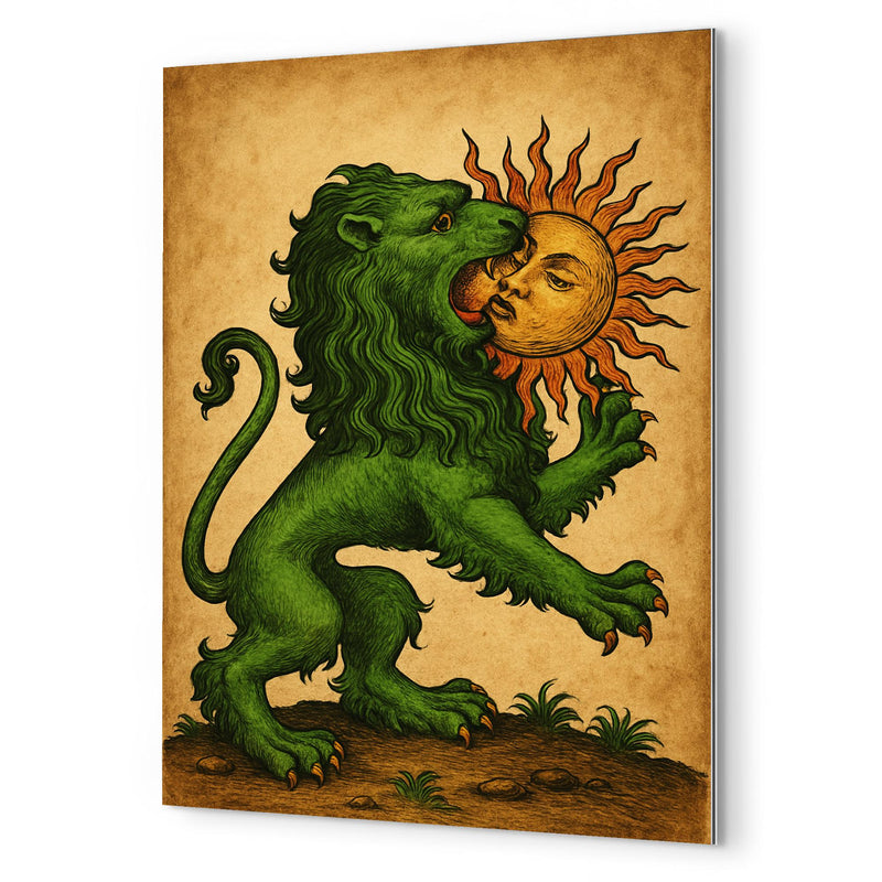 Alchemical green lion devouring the sun metal print mockup
