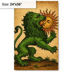 Alchemical green lion devouring the sun metal print on a plain backdrop in size 24"x36".