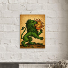 Alchemical green lion devouring the sun metal print mockup