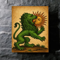 Alchemical green lion devouring the sun metal print mockup