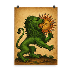 Alchemical green lion devouring the sun poster on a plain backdrop in size 8"x10".