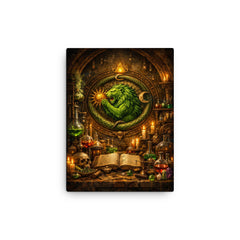 Alchemy laboratory with green lion emblem canvas print on a plain backdrop in size 12"x16".