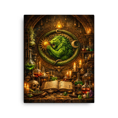 Alchemy laboratory with green lion emblem canvas print on a plain backdrop in size 16"x20".