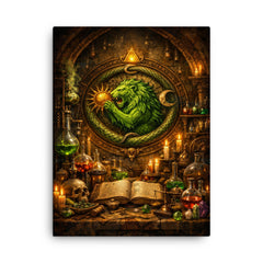 Alchemy laboratory with green lion emblem canvas print on a plain backdrop in size 18"x24".
