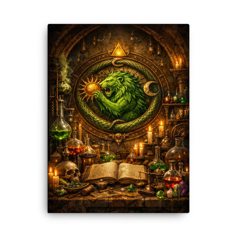 Alchemy laboratory with green lion emblem canvas print on a plain backdrop in size 18
