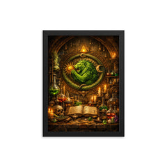 Alchemy laboratory with green lion emblem framed print on a plain backdrop in size 12"x16".