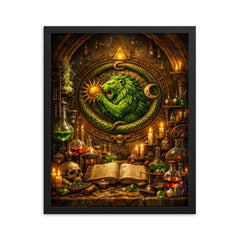 Alchemy laboratory with green lion emblem framed print on a plain backdrop in size 16"x20".