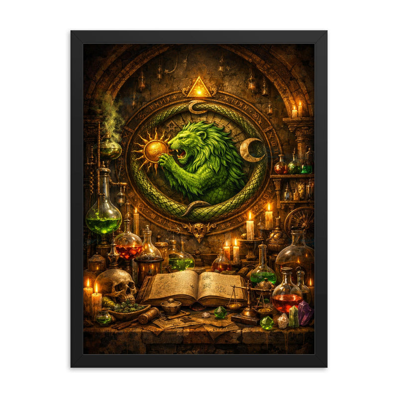Alchemy laboratory with green lion emblem framed print on a plain backdrop in size 18