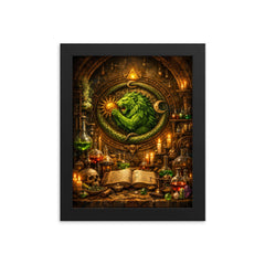 Alchemy laboratory with green lion emblem framed print on a plain backdrop in size 8"x10".