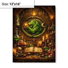 Alchemy laboratory with green lion emblem metal print on a plain backdrop in size 12"x16".