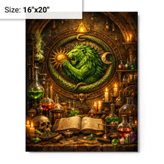 Alchemy laboratory with green lion emblem metal print on a plain backdrop in size 16"x20".