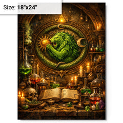 Alchemy laboratory with green lion emblem metal print on a plain backdrop in size 18"x24".