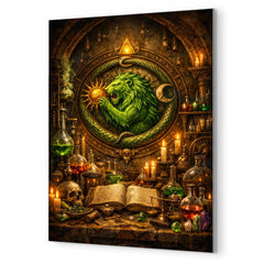 Alchemy laboratory with green lion emblem metal print mockup