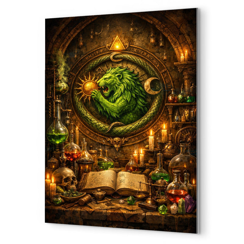 Alchemy laboratory with green lion emblem metal print mockup