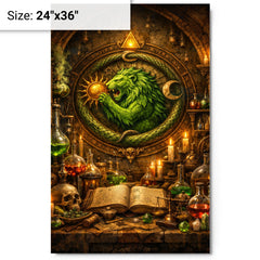 Alchemy laboratory with green lion emblem metal print on a plain backdrop in size 24"x36".