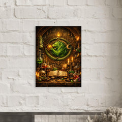 Alchemy laboratory with green lion emblem metal print mockup