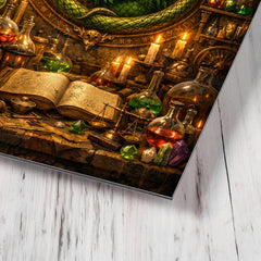 Alchemy laboratory with green lion emblem metal print mockup