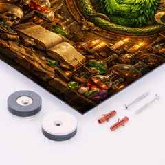 Alchemy laboratory with green lion emblem metal print mockup