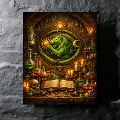 Alchemy laboratory with green lion emblem metal print mockup
