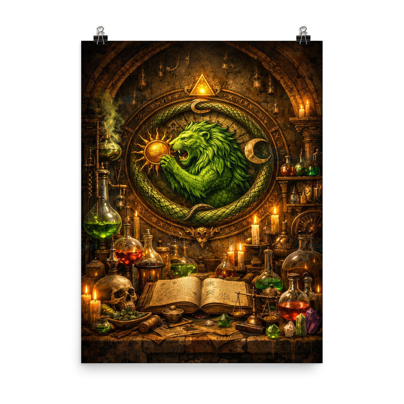 Alchemy laboratory with green lion emblem poster on a plain backdrop in size 8