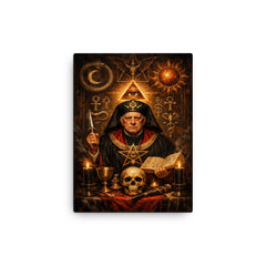 Aleister Crowley ceremonial portrait with occult symbols canvas print on a plain backdrop in size 12"x16".