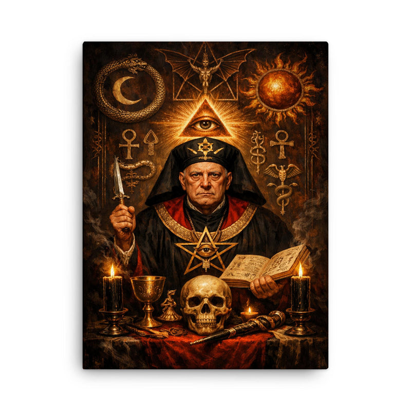 Aleister Crowley ceremonial portrait with occult symbols canvas print on a plain backdrop in size 18