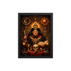 Aleister Crowley ceremonial portrait with occult symbols framed print on a plain backdrop in size 12"x16".