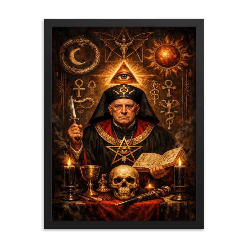 Aleister Crowley ceremonial portrait with occult symbols framed print on a plain backdrop in size 18