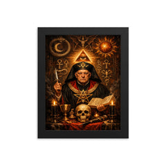 Aleister Crowley ceremonial portrait with occult symbols framed print on a plain backdrop in size 8"x10".