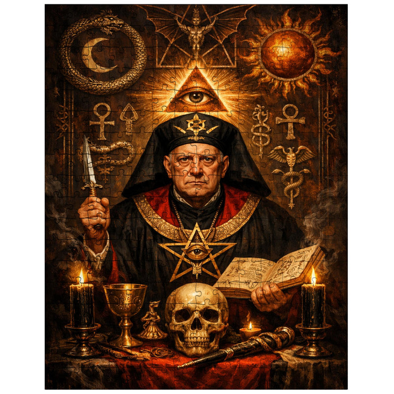 Aleister Crowley ceremonial portrait with occult symbols jigsaw puzzle