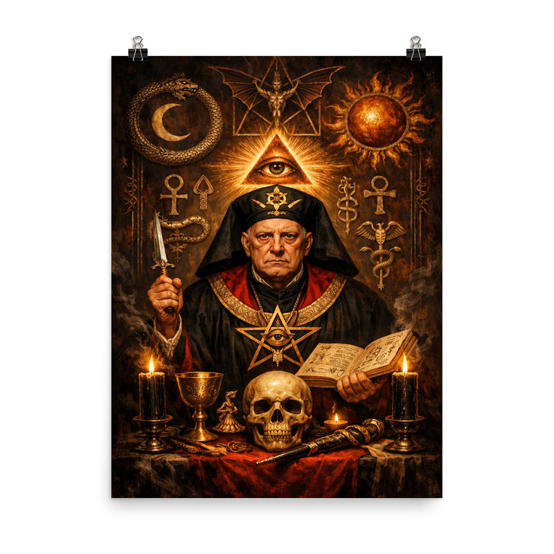 Aleister Crowley ceremonial portrait with occult symbols poster on a plain backdrop in size 8