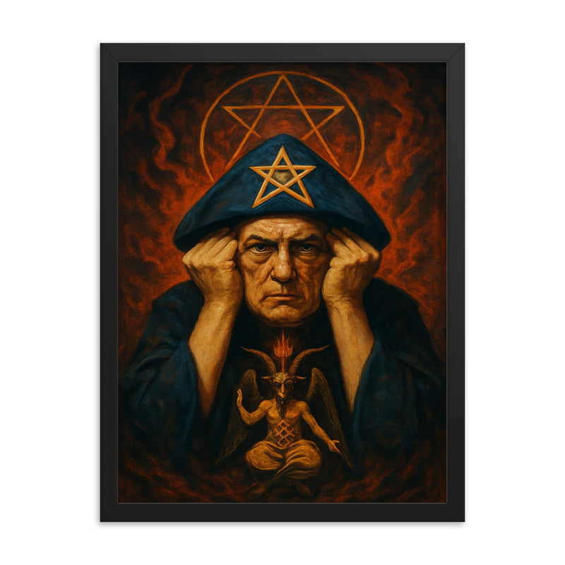 Aleister Crowley framed print on a plain backdrop in size 18